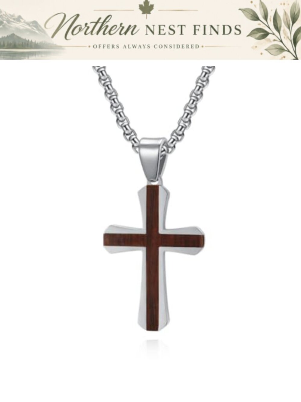 Stainless Steel Wood Two Tone Cross Necklace Catholic Jewelry